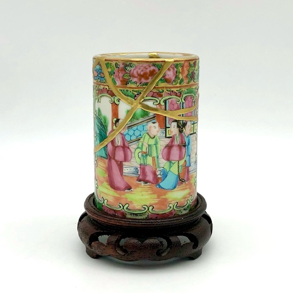 Kintsugi Brush Pot Chinese Famille Rose Cup Gold Crack Art Personal Growth Gift - Picture 8 of 17
